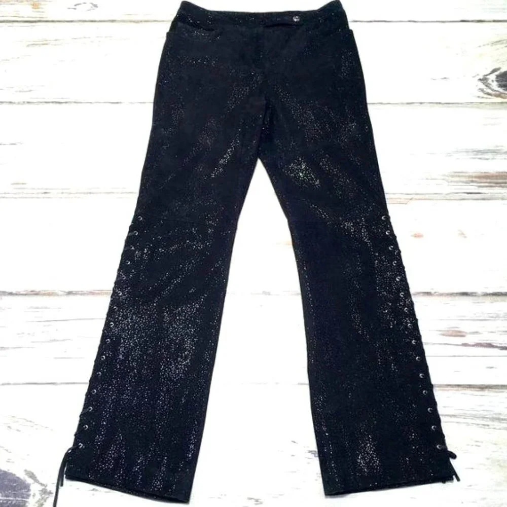 St. John Pants Black Suede Lace Up Leg Sparkle Silk Lined High Rise Size 8